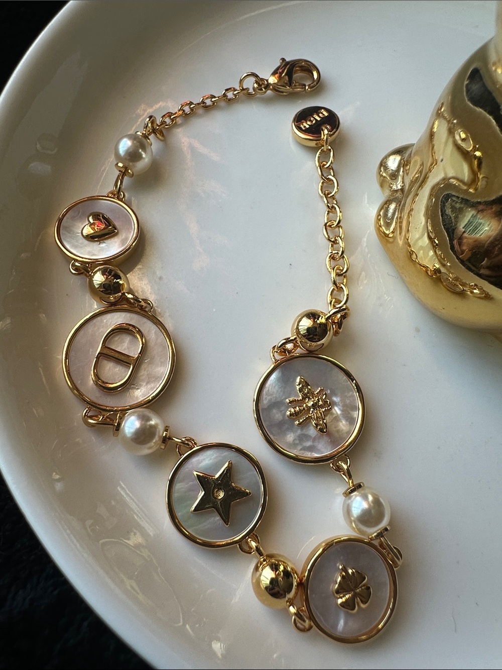 Like New - Dior Gold-Tone Mother-of-Pearl Charm Bracelet with Pearls